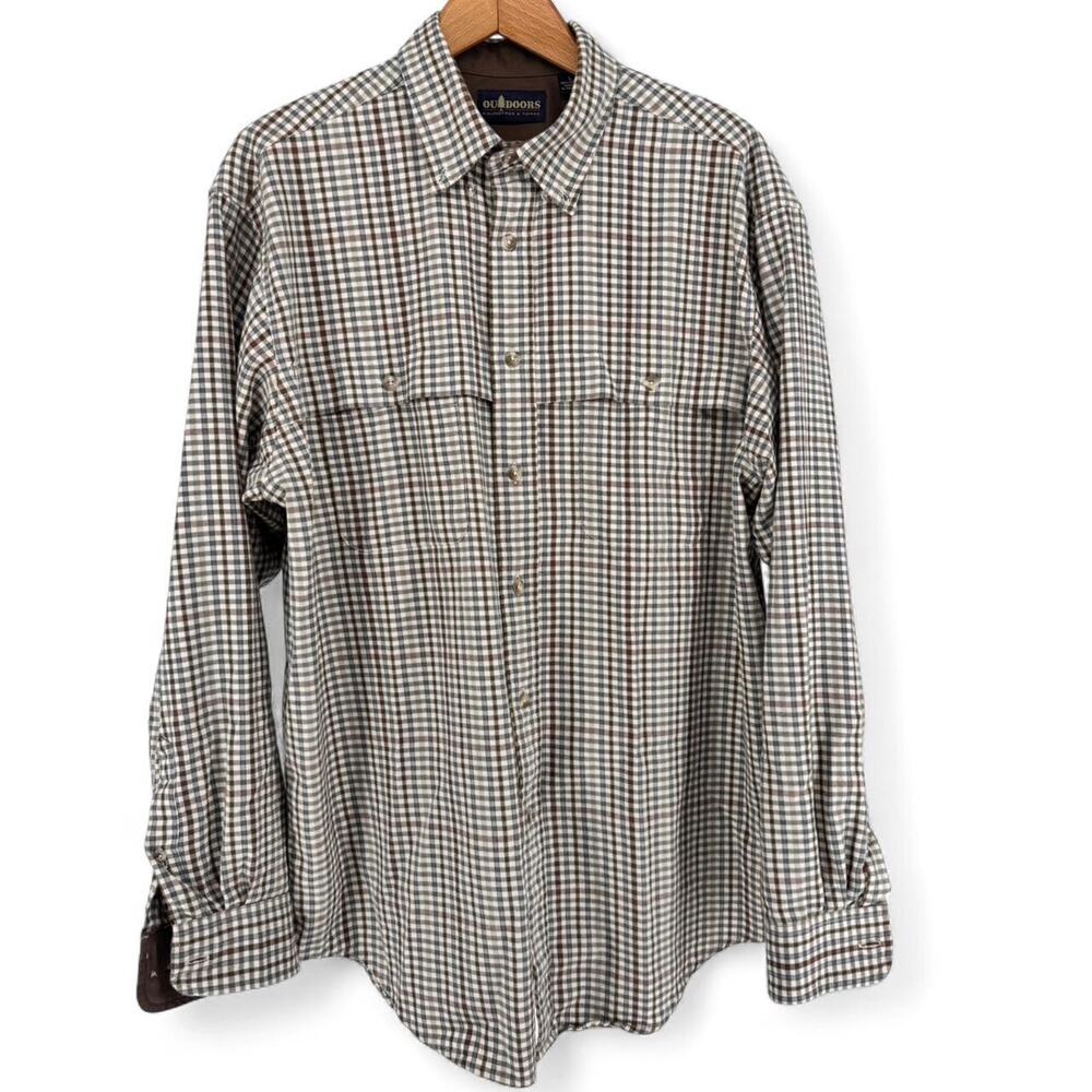 Roundtree & Yorke Outdoors Mens XL Plaid Button Down Shirt 100% Cotton Brown